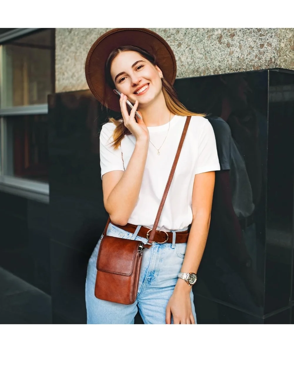 Brown Leather Crossbody Phone Pouch